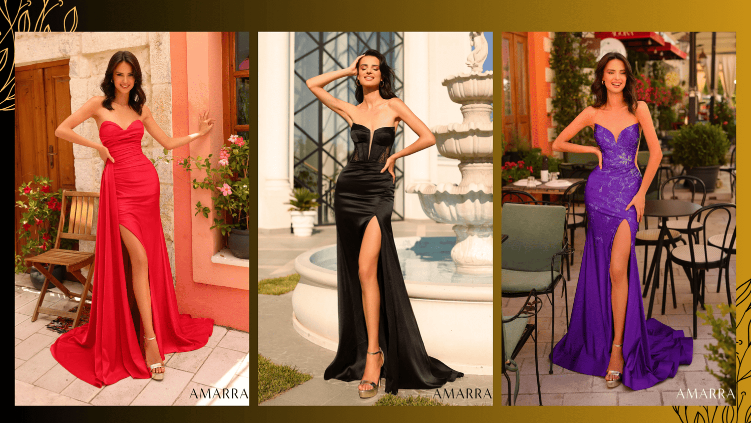 Three-panel collage of models in strapless gowns with high slits, in red, black and purple