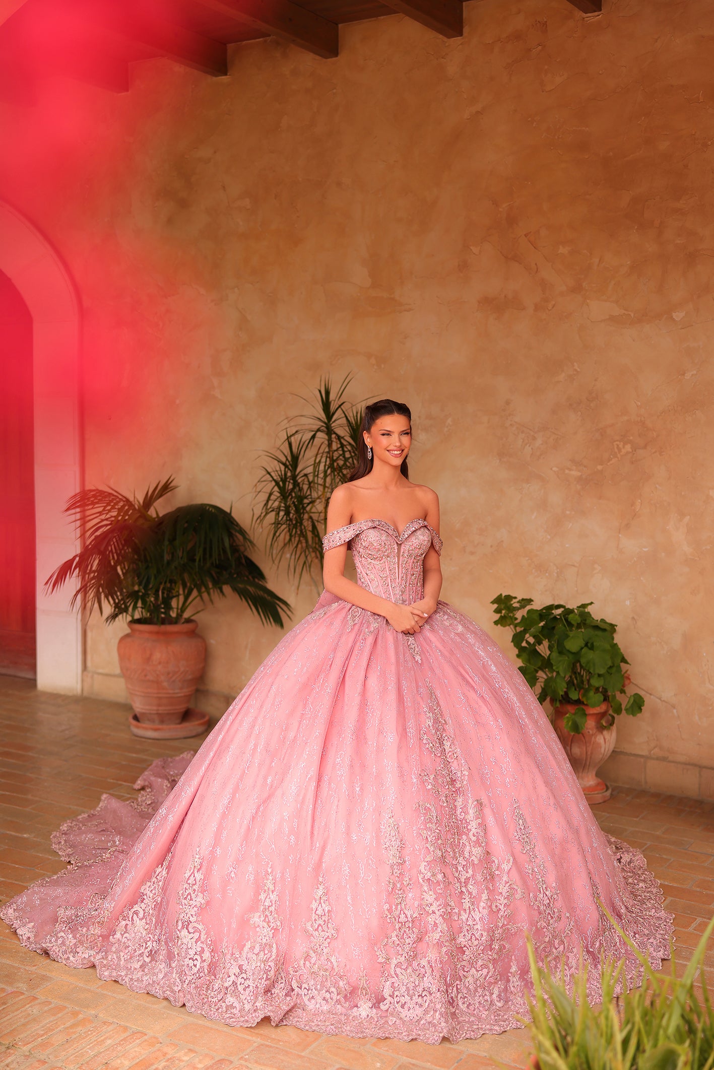 A woman wearing a rose gold ballgown with intricate lace details stands in a warm-toned interior with plants.