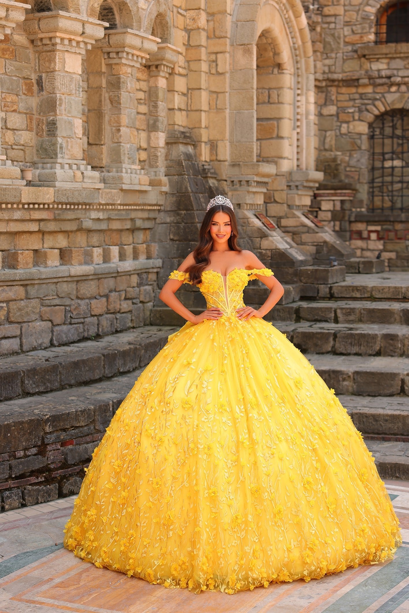 A woman in a voluminous, yellow off-shoulder ball gown with a tiara stands on stone steps near an arched stone wall.
