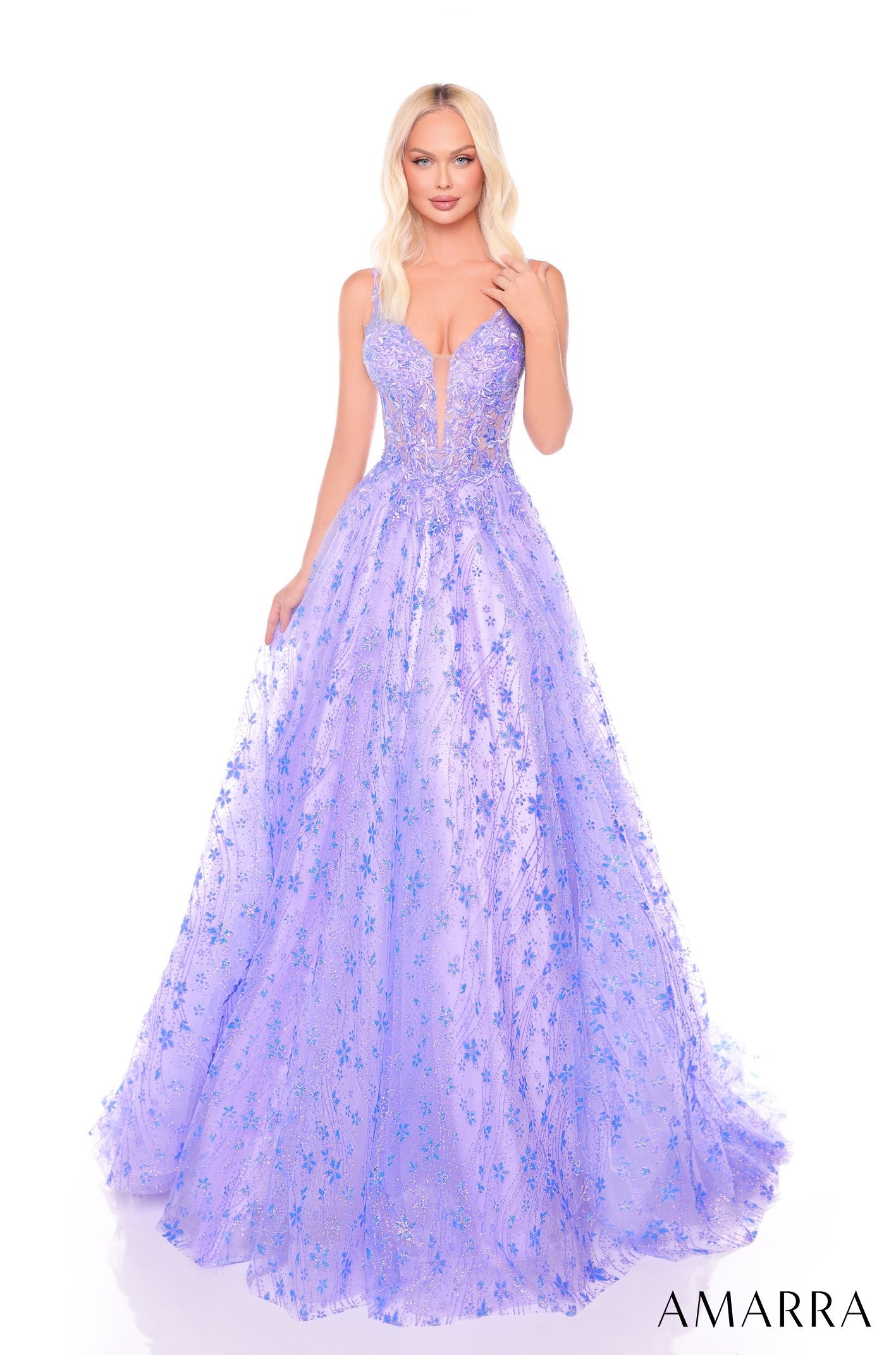 A floor-length Violet ballgown with delicate floral embellishments and a plunging sweetheart neckline.