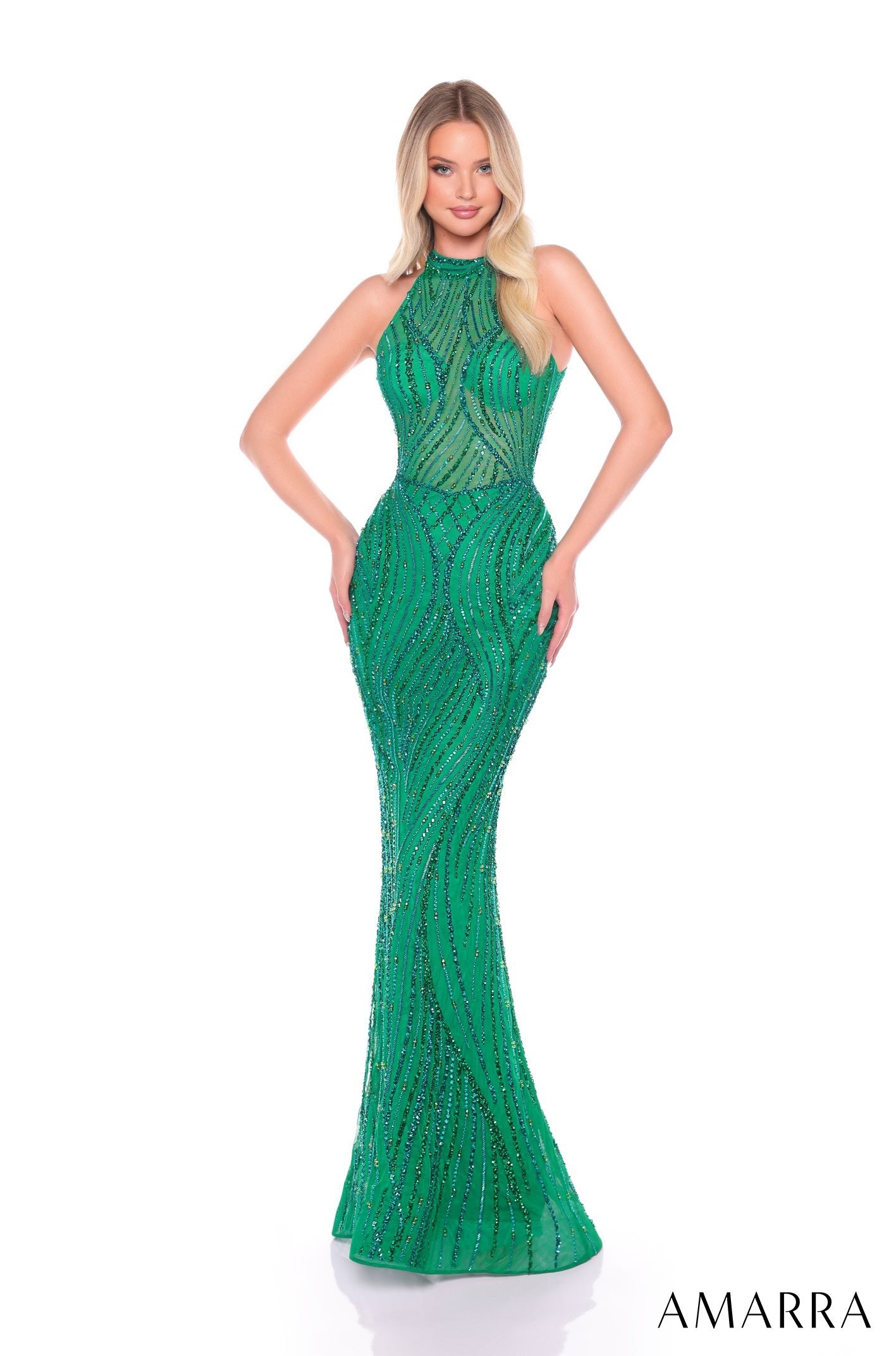 A long, fitted halter gown in Bright Emerald/Jade green, adorned with sparkling wave-like beaded patterns.