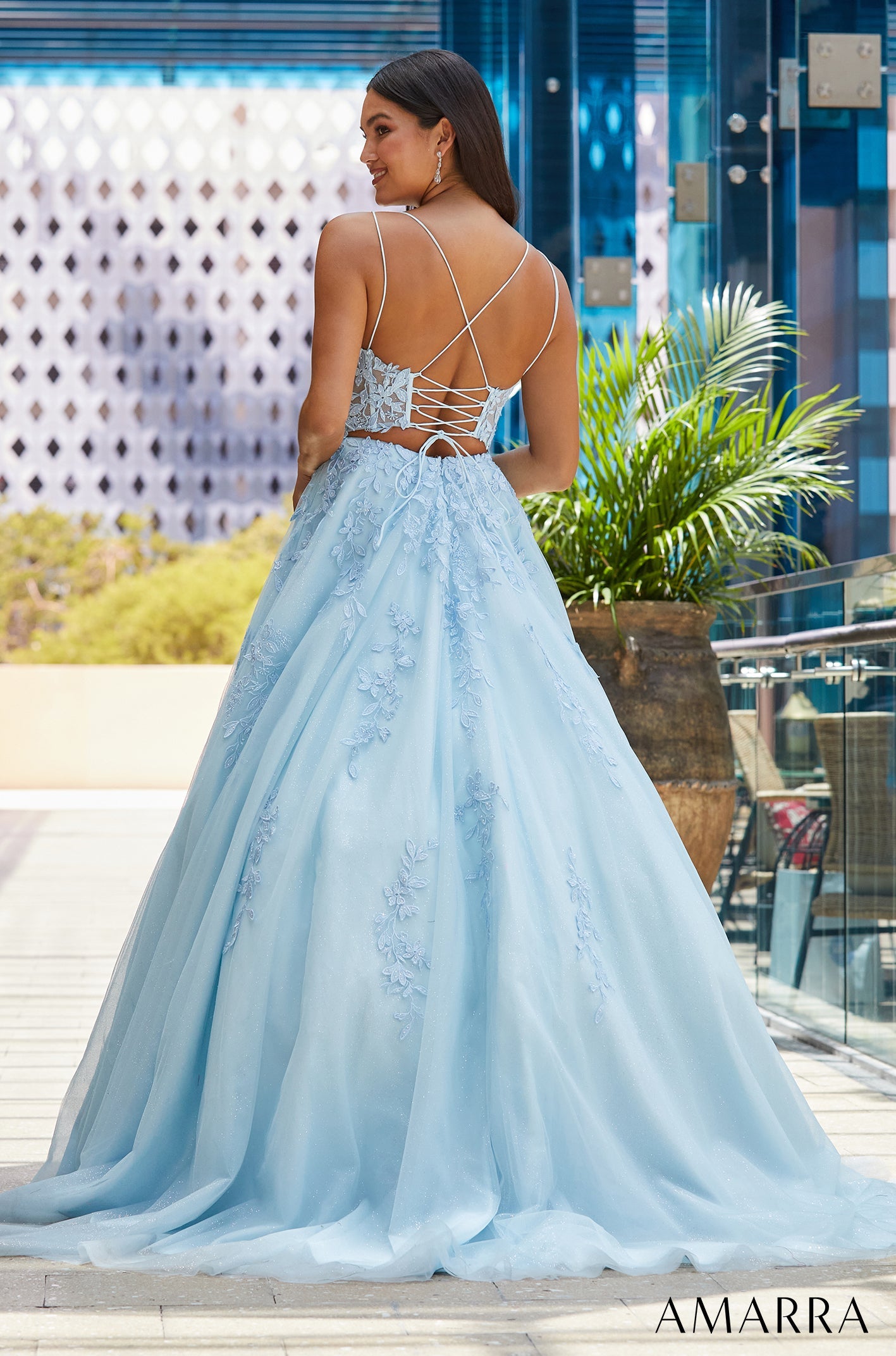A light blue ball gown with floral lace details and a corset-style back, photographed from behind.