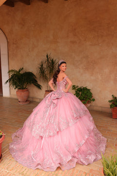 A young woman in a pink, silver-detailed ball gown poses in a terracotta-walled courtyard with potted plants.