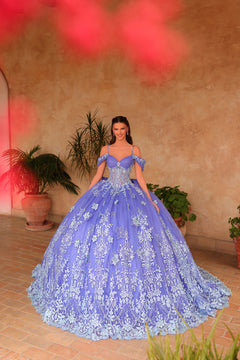 A person in a periwinkle/light blue ballgown with intricate floral lace stands on a tiled floor with plants.