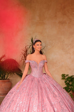 A woman wears a sparkling pink ball gown with a corset top and tiara against a warm-toned background.