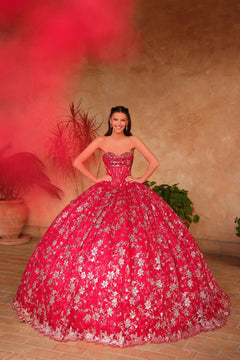 A young woman wears a red floral ball gown with a corset-style bodice against a warm-toned background.