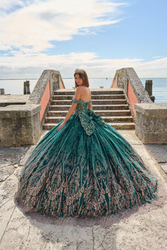 A woman in a teal embellished ballgown poses on stone steps by the ocean, wearing a tiara.
