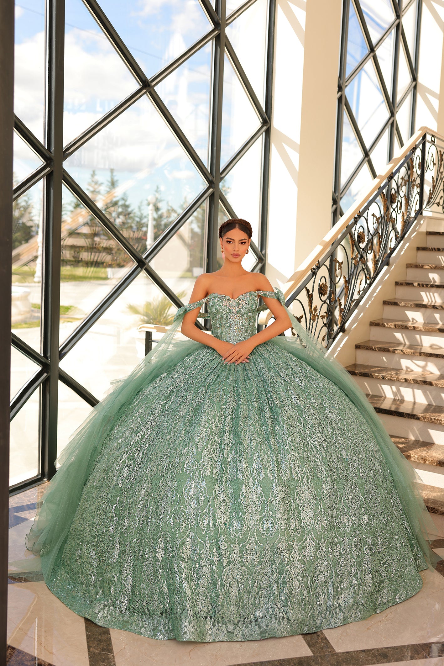 sage green and gold quinceanera dresses Sage Green Quinceanera Dresses V-Neck 3D Flower Sweet 15 16 Princess Ball Gown