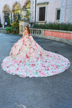 A woman wears a voluminous pink floral ballgown with a long train in front of an elegant stone building.