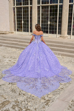 A lavender off-shoulder ball gown with an elaborate lace train stands before a leaded glass window.