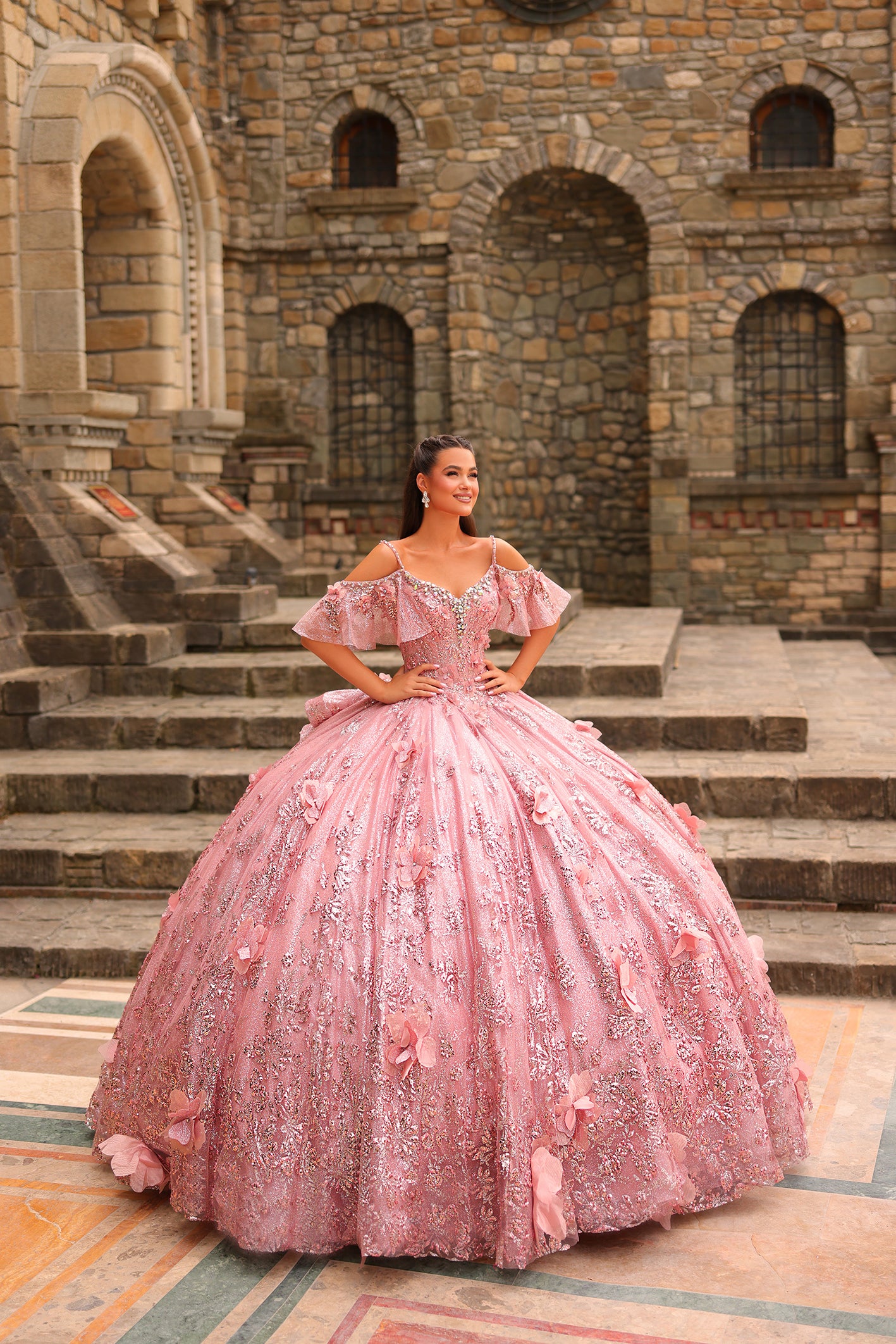 pink dress with gold embroidery GLS GL3787 Long Formal Mother of the Bride A Line Evening Beaded Sequin Dress
