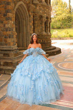 A woman wears a voluminous light blue off-shoulder ball gown with 3D floral details in front of a stone building.