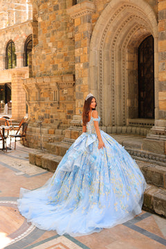 A woman in a voluminous light blue ball gown and tiara poses before an ornate stone building.