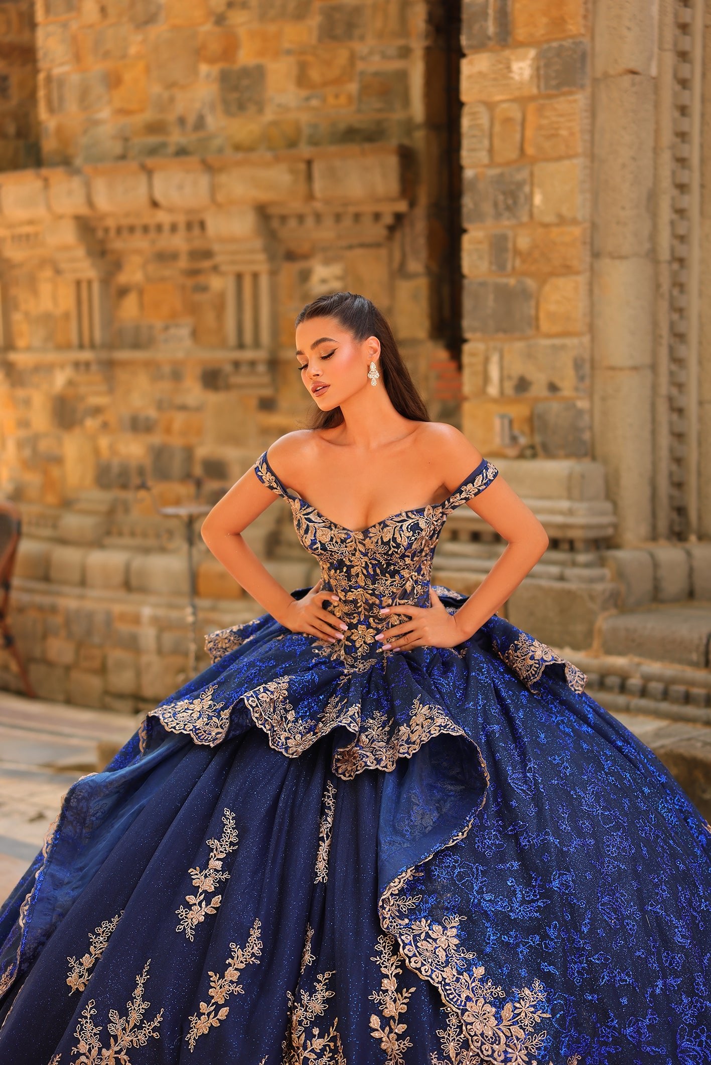 navy blue dress with gold embroidery STYLE 54235