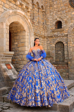 A woman wears a royal blue ball gown with gold embroidery, standing in front of a stone castle wall.