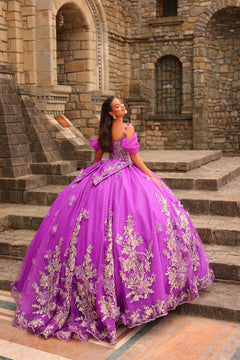 A woman in a vibrant purple ball gown with floral embroidery poses on stone steps near an ancient stone building.