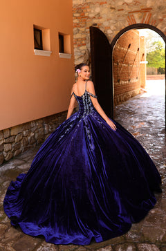 A woman in a royal blue ball gown with floral details poses in an arched stone corridor.