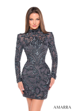 A slim-fitting charcoal sequin and lace long-sleeve cocktail dress with intricate paisley-like embellishments.