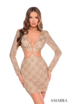 A woman wears a Gold long-sleeve cutout dress with intricate beaded grid pattern and plunging neckline.