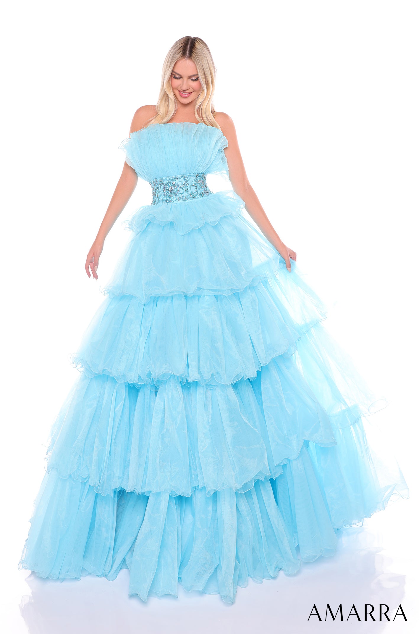 light blue layered dress Elegant & Classic A-Line V Neck Straps Sleeveless Open Back Tiered Floor Length Sky Blue Prom Dresses Dress with High Side Slit and Train US18 / main image 1