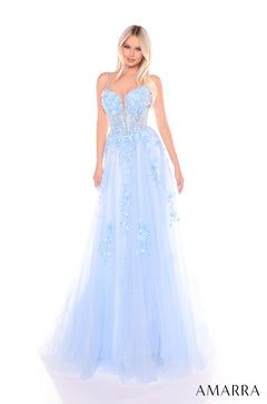 A floor-length, light blue corset gown with floral appliqués and a full tulle skirt.