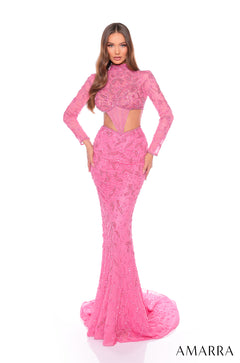 A woman wears a fitted, long-sleeved Bright Pink gown with intricate beaded embellishments and a corset-style cutout.