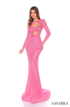 A long-sleeved, mermaid-style Bright Pink gown with cutouts and intricate sparkly beaded embellishments.