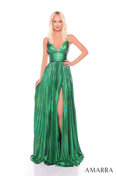 A floor-length Green metallic pleated gown with a plunging neckline and high slit from Amarra.