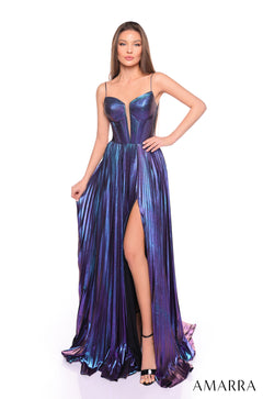 A model wears a metallic bright purple pleated gown with a thigh-high slit and bustier-style bodice.