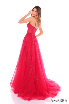 A vibrant red lace ballgown with a fitted bodice and flowing tulle skirt, posed on a white background.