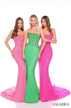 Three models wear sparkling strapless mermaid gowns in pink and green for Amarra's glamorous evening collection.