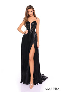 A model wears a black sequined gown with a plunging neckline and high slit, posing against a white background.