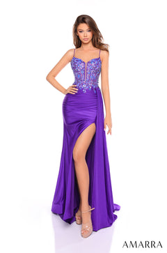 A model wears a purple sequined corset gown with a high slit and spaghetti straps by Amarra.