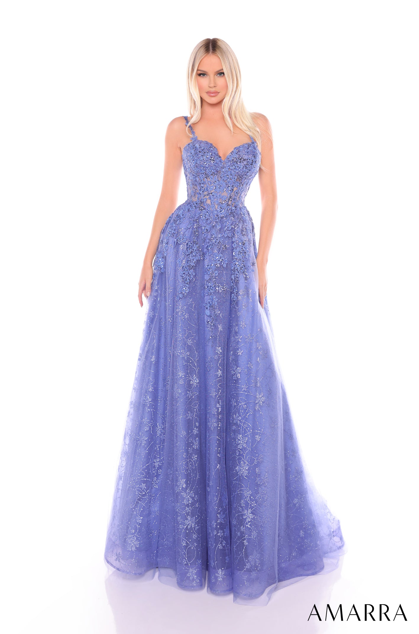 A periwinkle blue floral lace ballgown with a sweetheart neckline and full, sparkling tulle skirt.