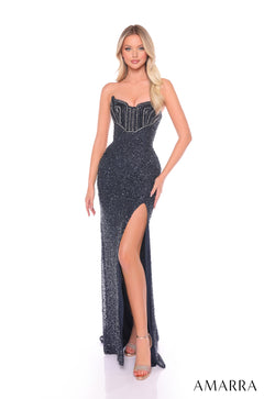 A model wears a strapless, sequined Twilight long gown with a high slit and corset-style bodice.