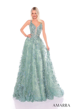 A sage green, floor-length ballgown with floral sequin embellishments and a plunging V-neckline.