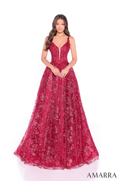 A floor-length ball gown in wine-colored lace with a plunging neckline and intricate floral embroidery.