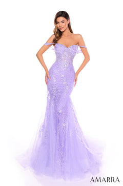 A model wears a lilac mermaid-style gown with off-shoulder straps and intricate sequined embellishments.