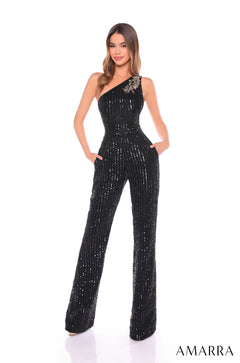A model wears a one-shoulder Black/Gold sequined jumpsuit with a decorative brooch and wide-leg pants.