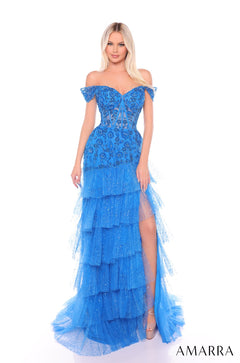 A long, tiered peacock blue off-shoulder gown with sparkling lace and a high side slit.