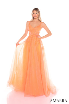 A floor-length, sleeveless Orange ball gown with lace bodice and full tulle skirt, modeled on a white background.