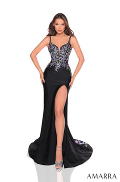 A Black/Multi evening gown with floral embellishments, deep v-neckline, high slit, and form-fitting silhouette.