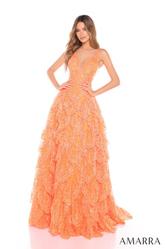 A glamorous, tiered Orange sequin gown with a plunging neckline and full, flowing skirt by Amarra.
