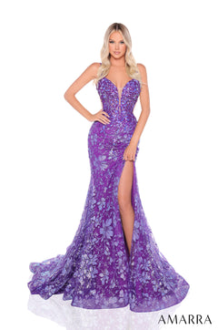A floor-length, strapless Purple mermaid gown with floral lace overlay and a dramatic side slit.