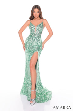 A floor-length sage sequin gown with a plunging neckline, high slit, and thin straps worn by a model.