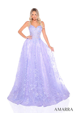 A long, lilac ball gown with floral lace detailing and a sweetheart neckline, worn by a blonde woman.