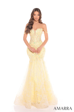 A long, off-shoulder Yellow mermaid gown with intricate lace and sequin embellishments from Amarra.