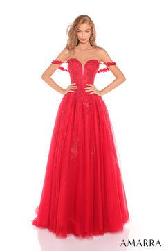 A model wears a floor-length, off-shoulder Red ball gown with floral lace bodice and tulle skirt.