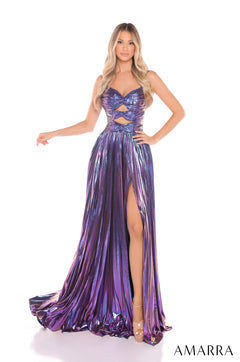 A woman wears a shimmering Bright Purple cutout gown with a high slit and sweetheart neckline.
