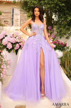 A lavender ball gown with floral embellishments and a high slit, set in a garden with pink hydrangeas.